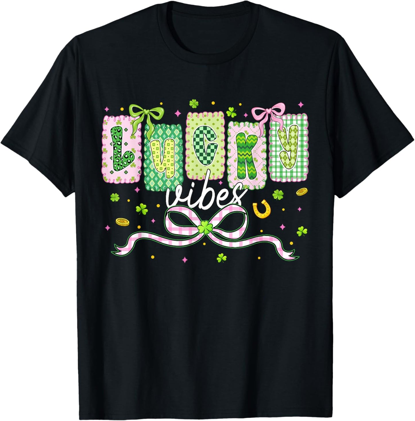 Preppy St Patricks Day Lucky Vibes Shamrock Women Girls Kids T-Shirt - T-Shirt | Black