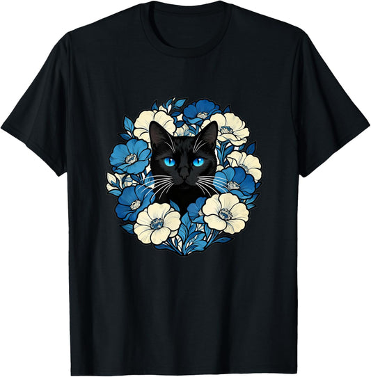 Blue-Eyed Black Cat in Floral Wreath T-Shirt - T-Shirt | Black
