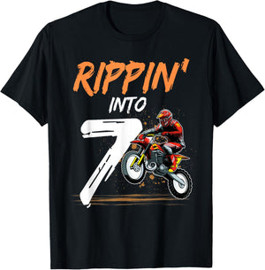 7 Year Old Boy Rippin' Into 7 Birthday Dirt Bike Themed T-Shirt - T-Shirt | Black