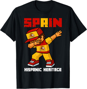 Spain Root Dab Boy Game Pixel Hispanic Heritage Spaniard Kid T-Shirt - T-Shirt | Black