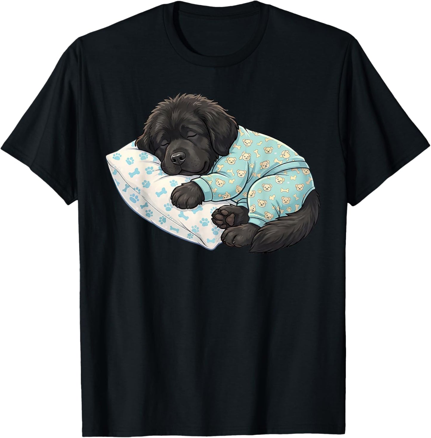 Cute Newfoundland Dog Sleeping in Pajamas Bedtime Art T-Shirt - T-Shirt | Black
