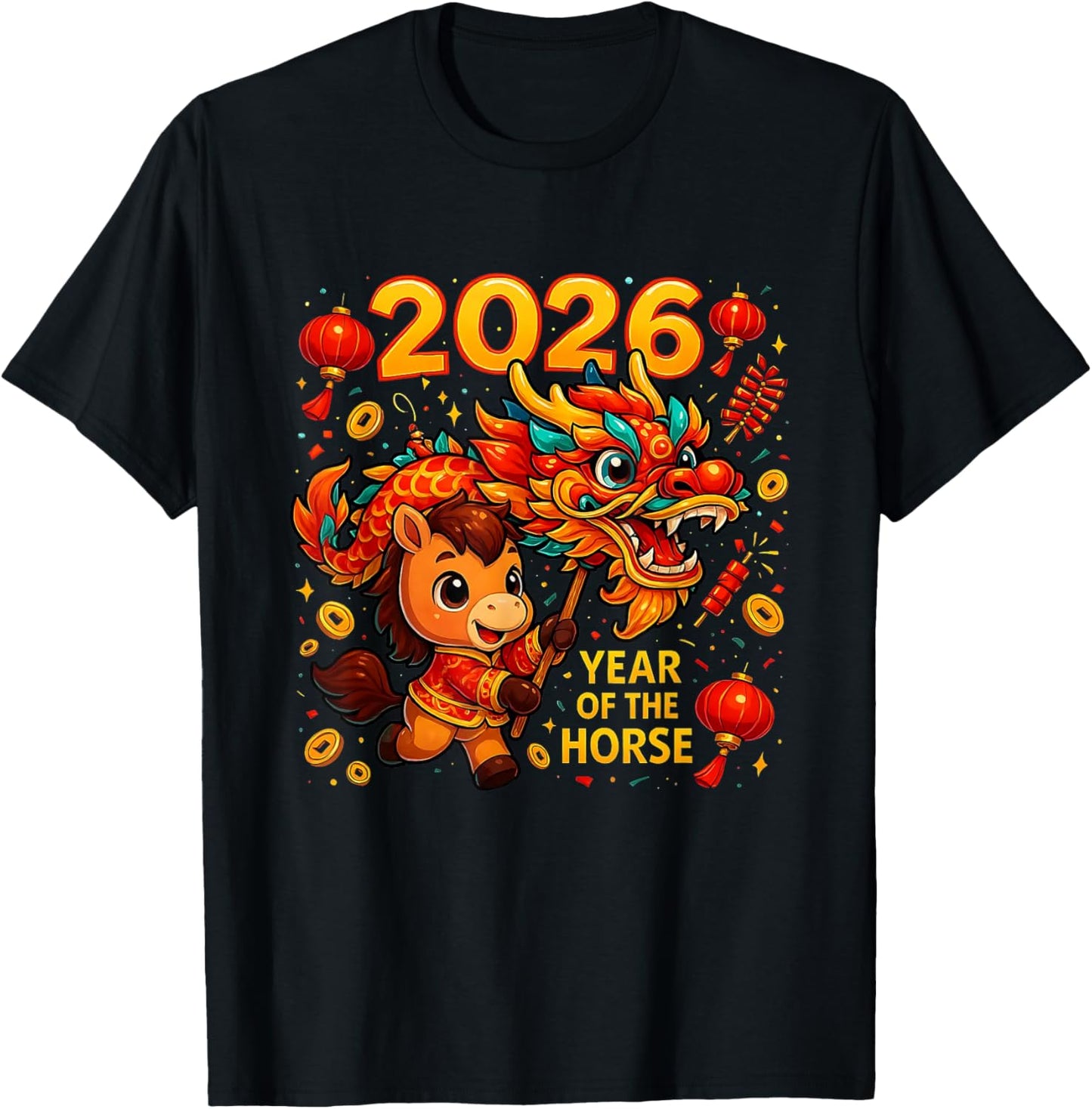 2026 Year of The Horse Cute Lunar Newyear Art T-Shirt - T-Shirt | Black