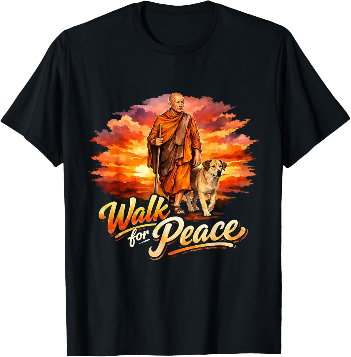 Walk for Peace Mindful Monk Spiritual Art T-Shirt - T-Shirt | Black