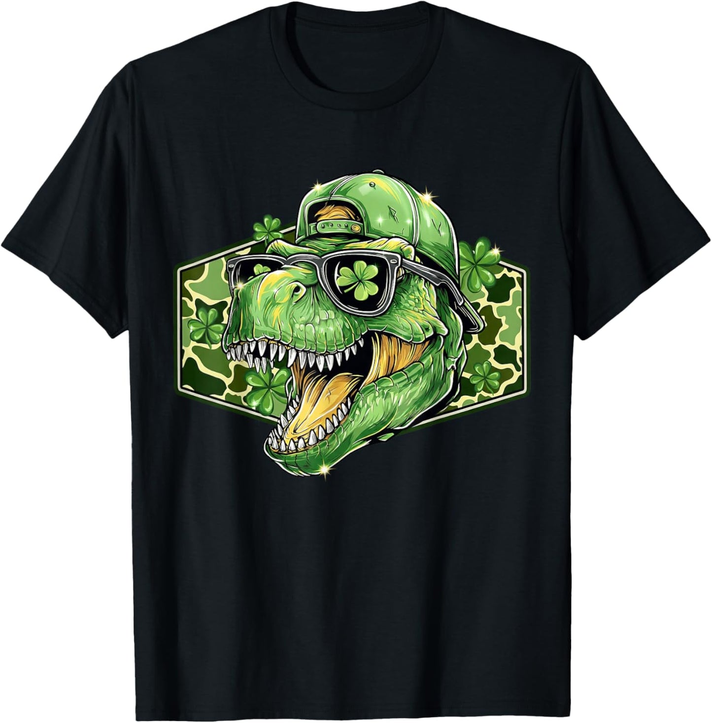 Camo T-rex Dinosaur Shamrock St Patricks Day Men Boys Kids T-Shirt - T-Shirt | Black