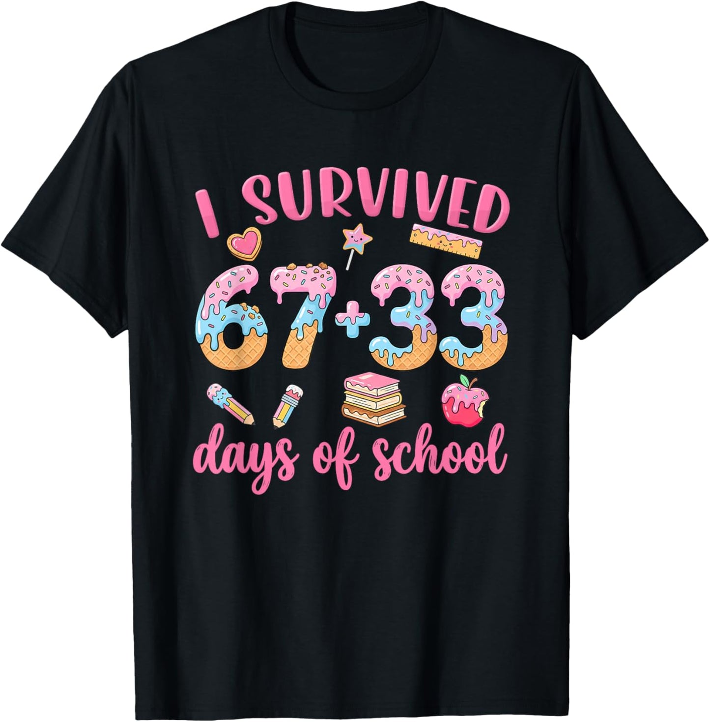 I Survived 67 33 Days of School Ice-Cream Drip 100th Day Kid T-Shirt - T-Shirt | Black
