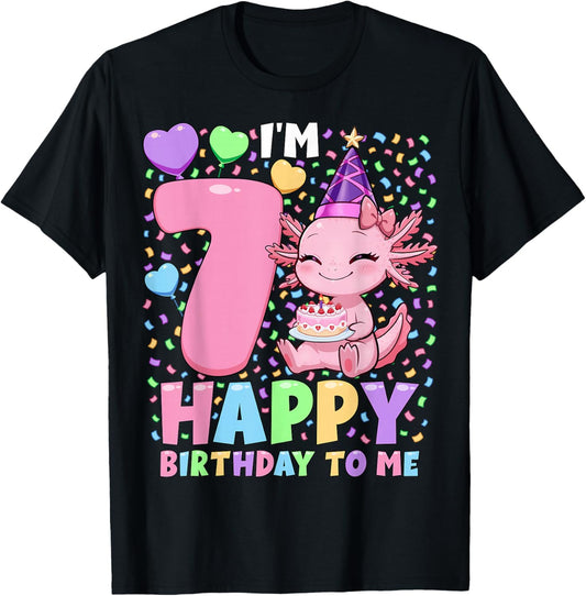 Girls Axolotl Birthday Shirt | 7 Years Old Birthday Axolotl T-Shirt - T-Shirt | Black