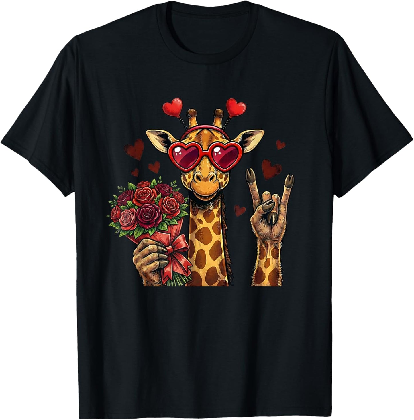 Funny Giraffe Love Design Valentine Heart Glasses T-Shirt - T-Shirt | Black