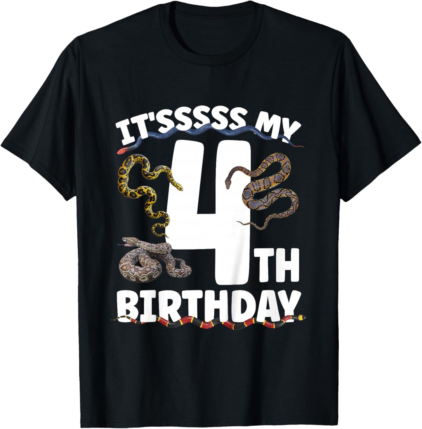 4th Snake Birthday Party 4 Year Old Snake Lover Birthday T-Shirt - T-Shirt | Black