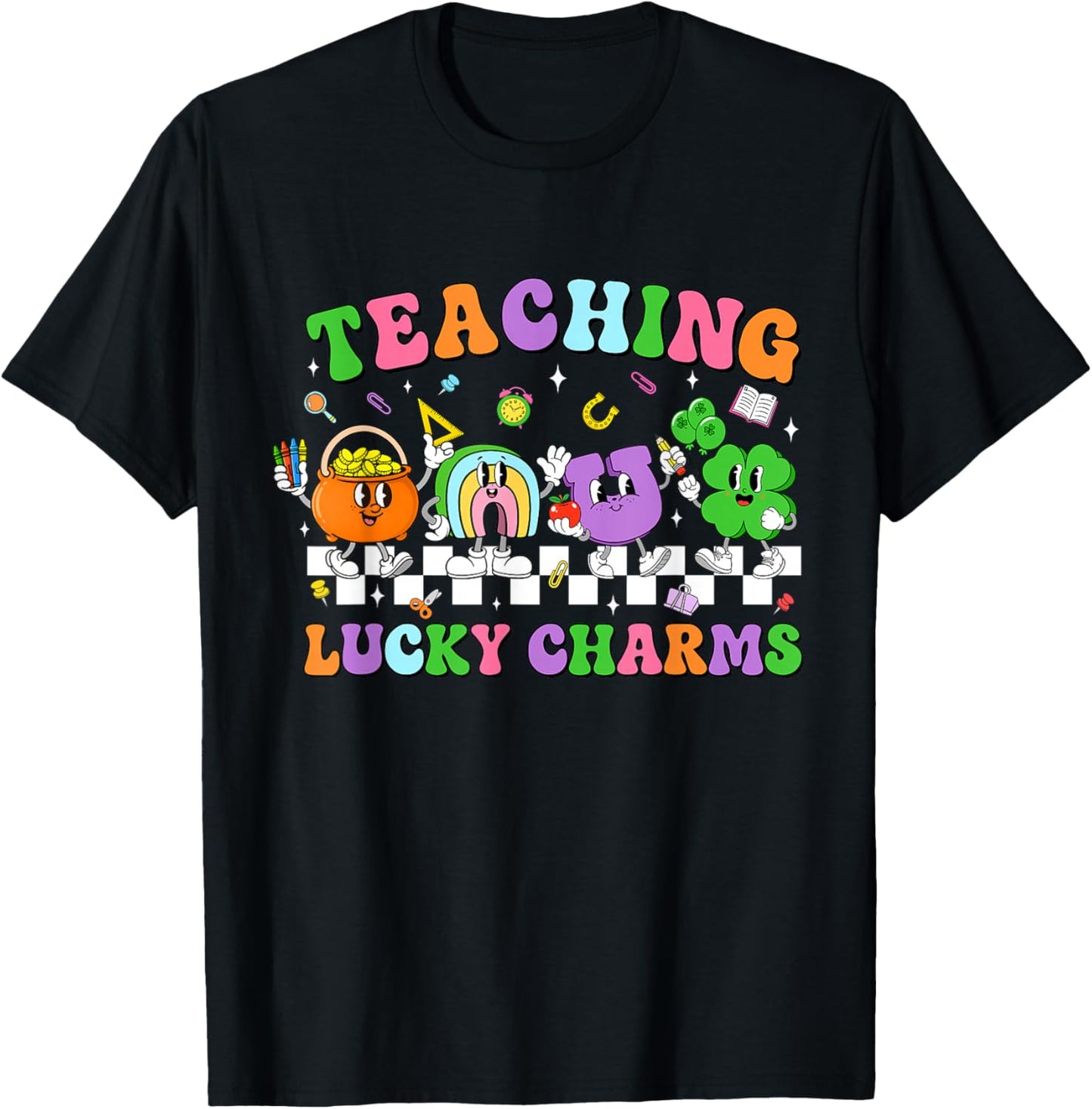 Funny Retro Teaching Lucky Charms Teacher Groovy St Patricks T-Shirt - T-Shirt | Black