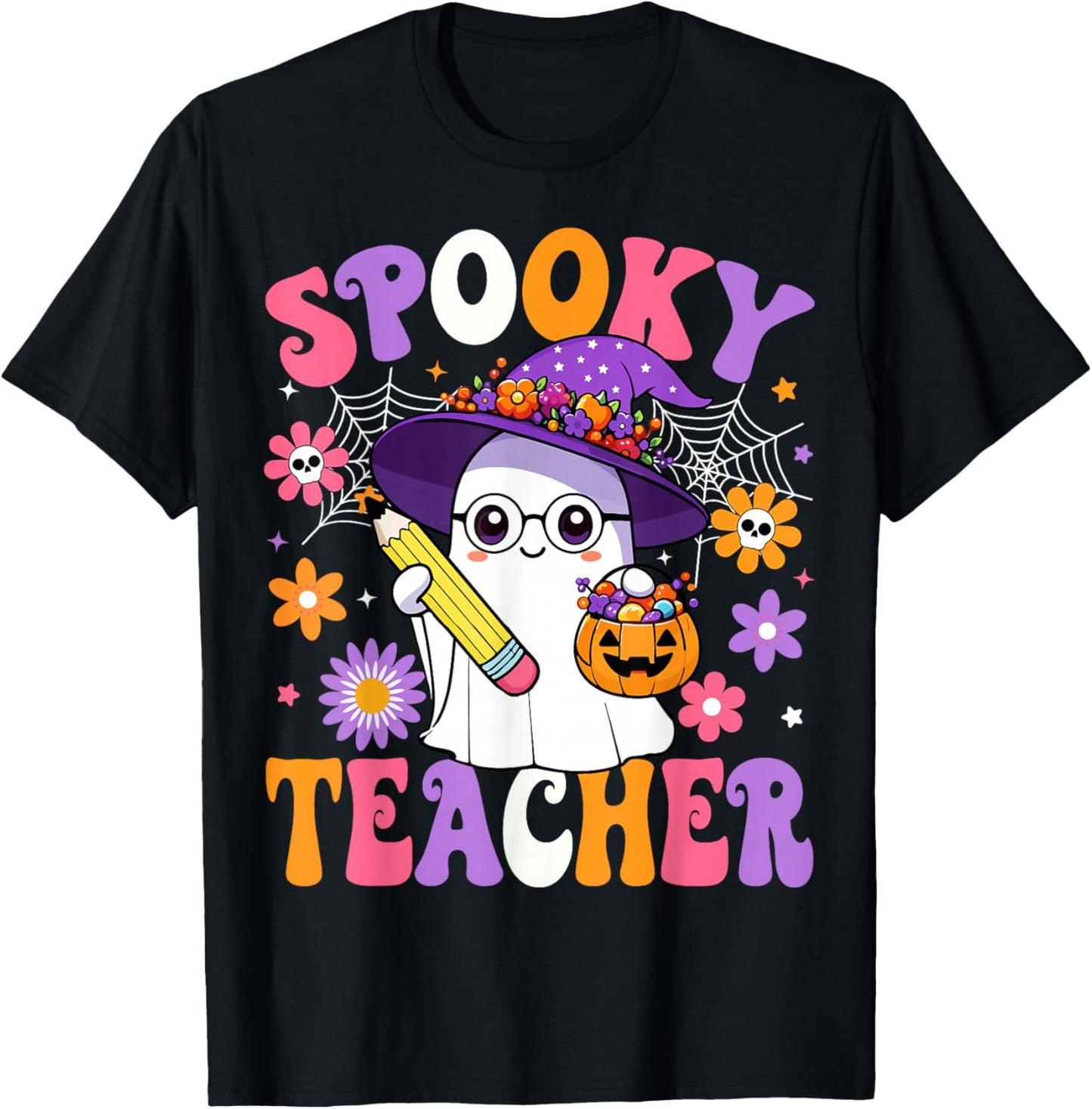 Trick Or Teach Spooky Teacher Ghost Funny Halloween Teacher T-Shirt - T-Shirt | Black