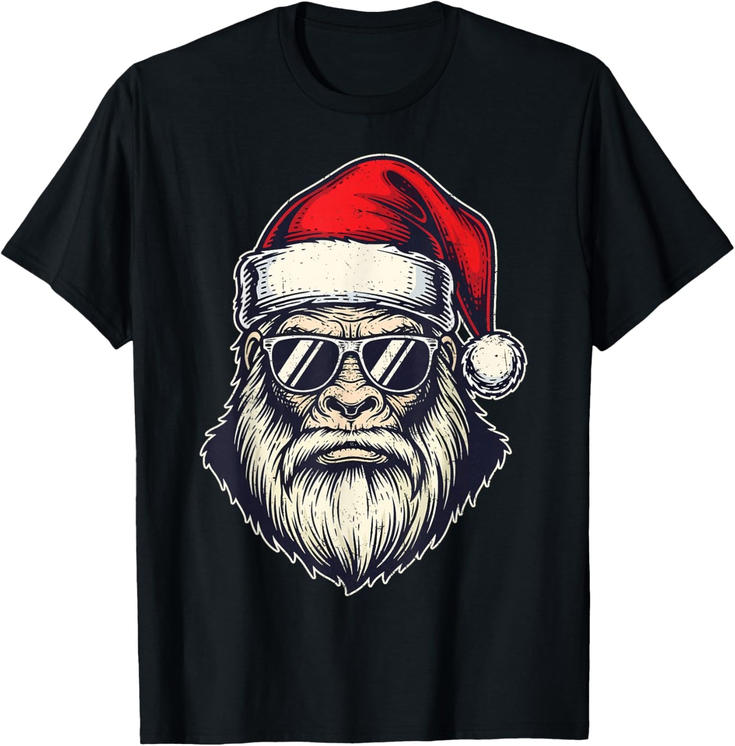 Bigfoot Face Santa Sunglasses Funny Christmas Xmas Sasquatch T-Shirt - T-Shirt | Black