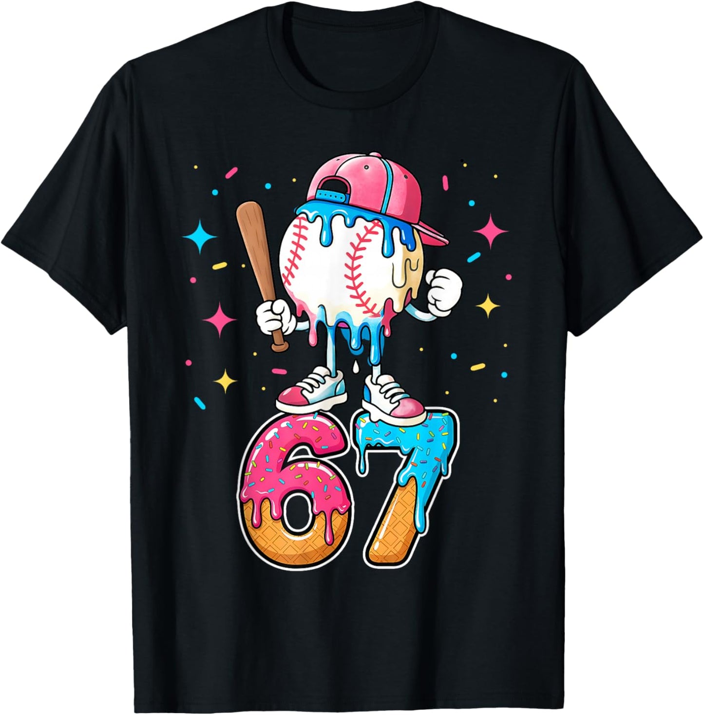 Baseball Drip Number 67 Six Seven Meme Ice Cream Dripping T-Shirt - T-Shirt | Black