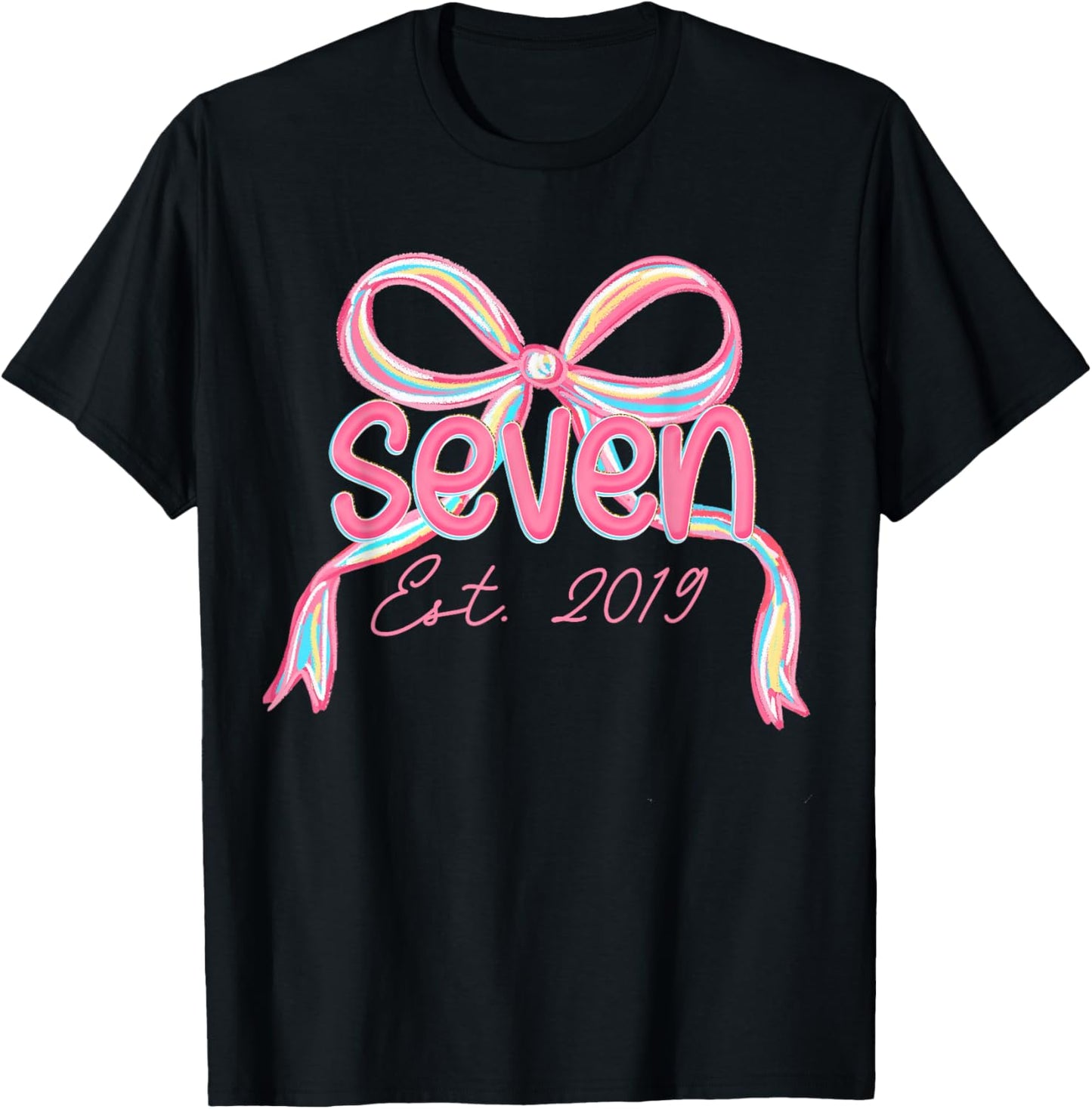 7th Birthday Girl Pink Coquette Bow 7 Year Old Decorations T-Shirt - T-Shirt | Black