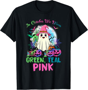 in October We Wear Teal Pink Halloween Metastatic Breast Can T-Shirt - T-Shirt | Black