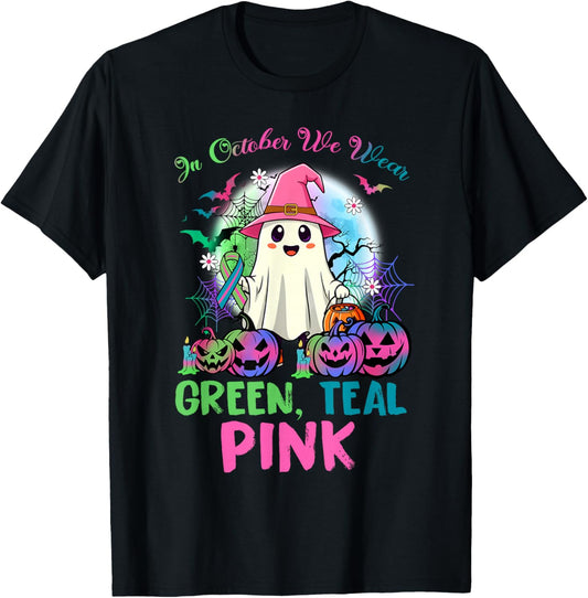 in October We Wear Teal Pink Halloween Metastatic Breast Can T-Shirt - T-Shirt | Black