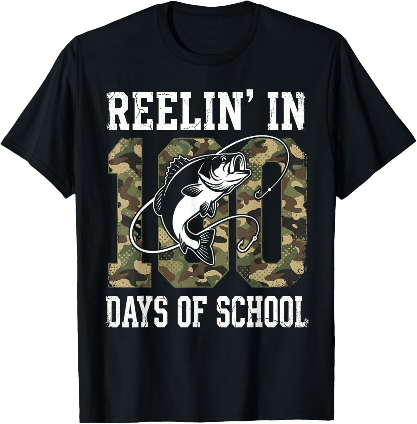 Reelin' in 100 Days of School Bass Camo Fishing Lover Boys T-Shirt - T-Shirt | Black