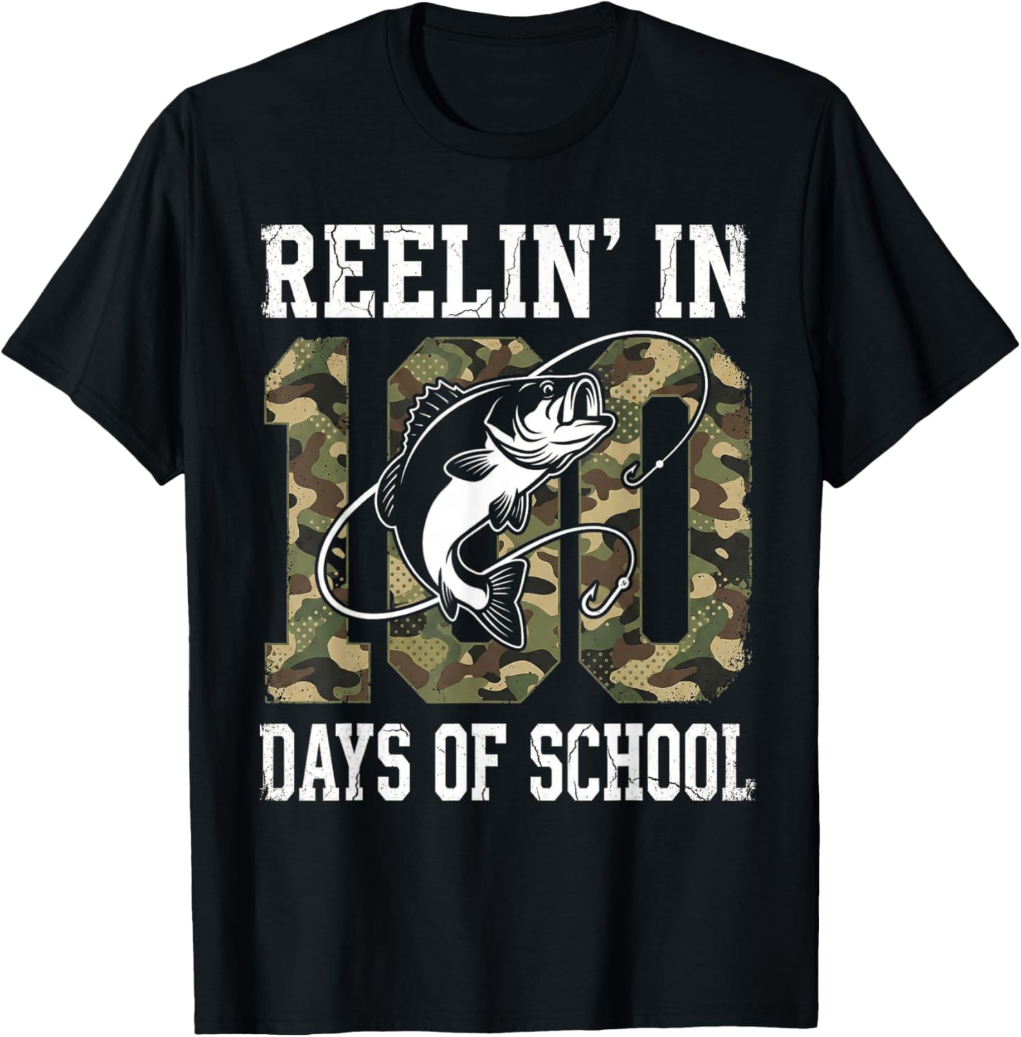 Reelin' in 100 Days of School Bass Camo Fishing Lover Boys T-Shirt - T-Shirt | Black
