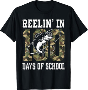 Reelin' in 100 Days of School Bass Camo Fishing Lover Boys T-Shirt - T-Shirt | Black
