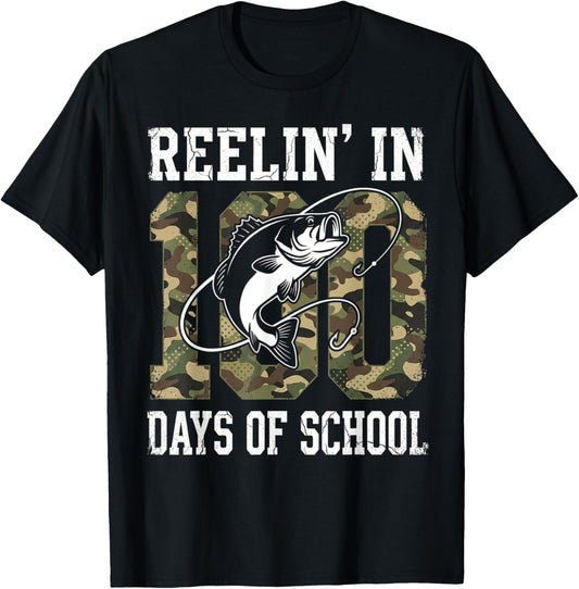 Reelin' in 100 Days of School Bass Camo Fishing Lover Boys T-Shirt - T-Shirt | Black