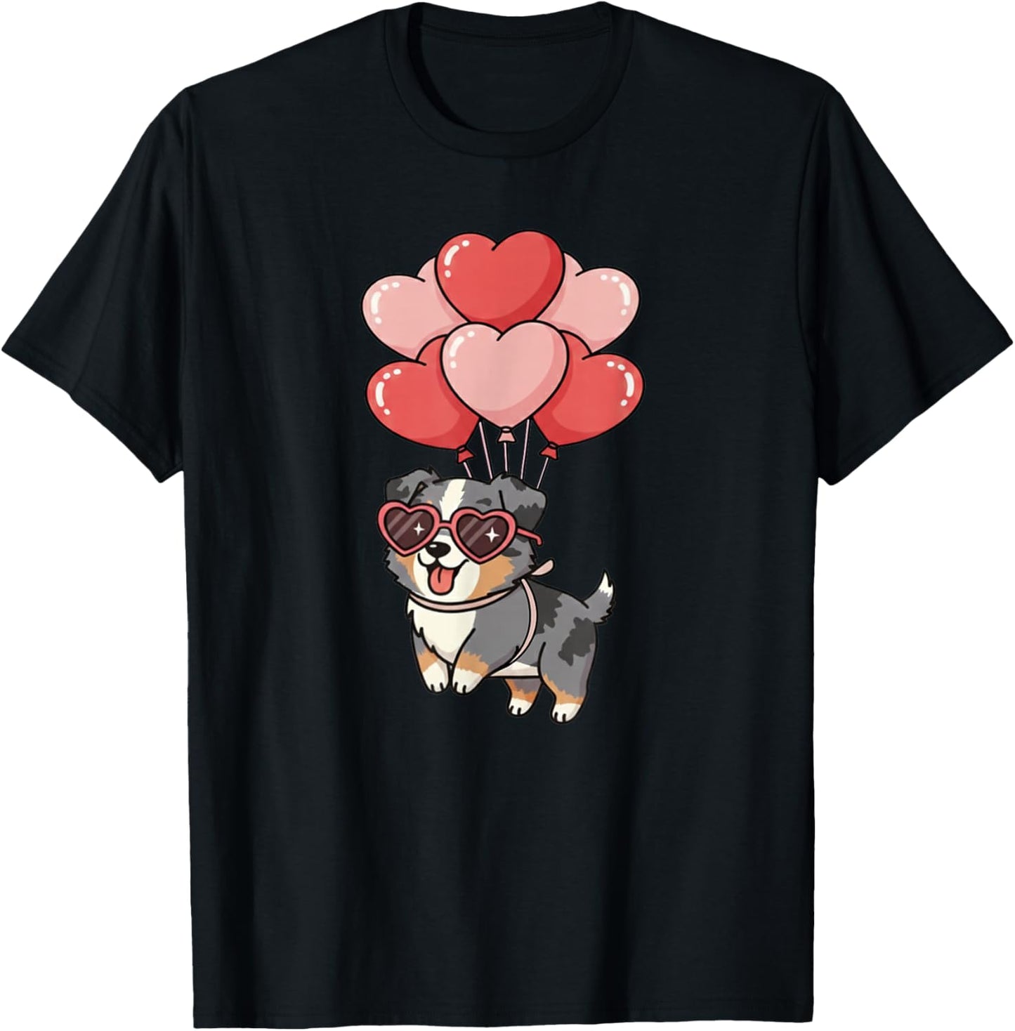 Valentines Day Heart Balloons Blue Merle Australian Shepherd T-Shirt - T-Shirt | Black