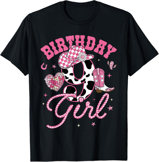 Kids 9 Year Old 9th Birthday Pink Cowgirl Birthday Girl T-Shirt - T-Shirt | Black