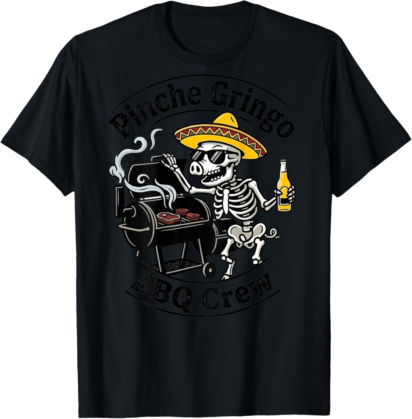 Pinche Gringo BBQ Crew Skeleton Pig Grilling Beer (on Back) T-Shirt - T-Shirt | Black