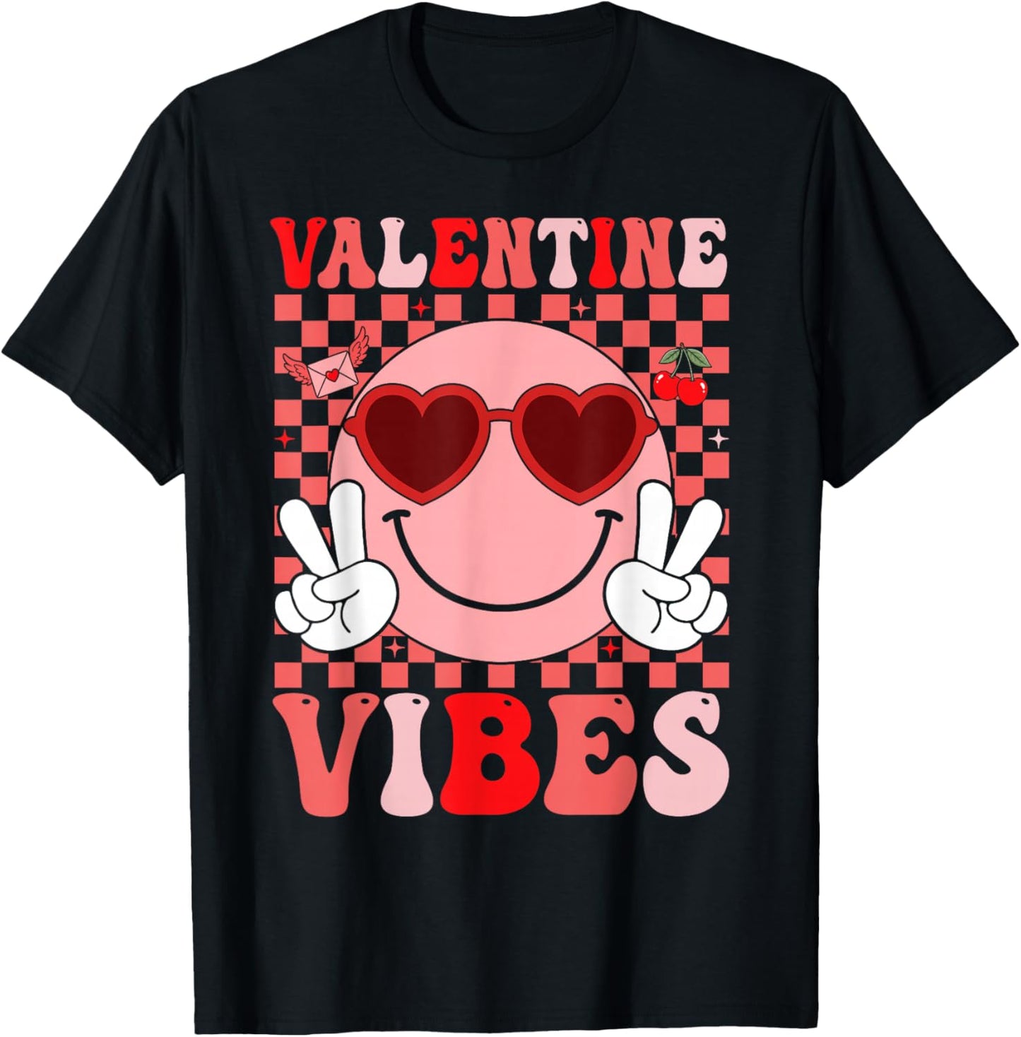 Groovy Valentine Vibes Smile Face Valentines Day Girls Women T-Shirt - T-Shirt | Black