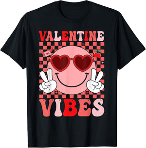 Groovy Valentine Vibes Smile Face Valentines Day Girls Women T-Shirt - T-Shirt | Black