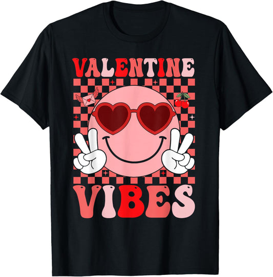 Groovy Valentine Vibes Smile Face Valentines Day Girls Women T-Shirt - T-Shirt | Black