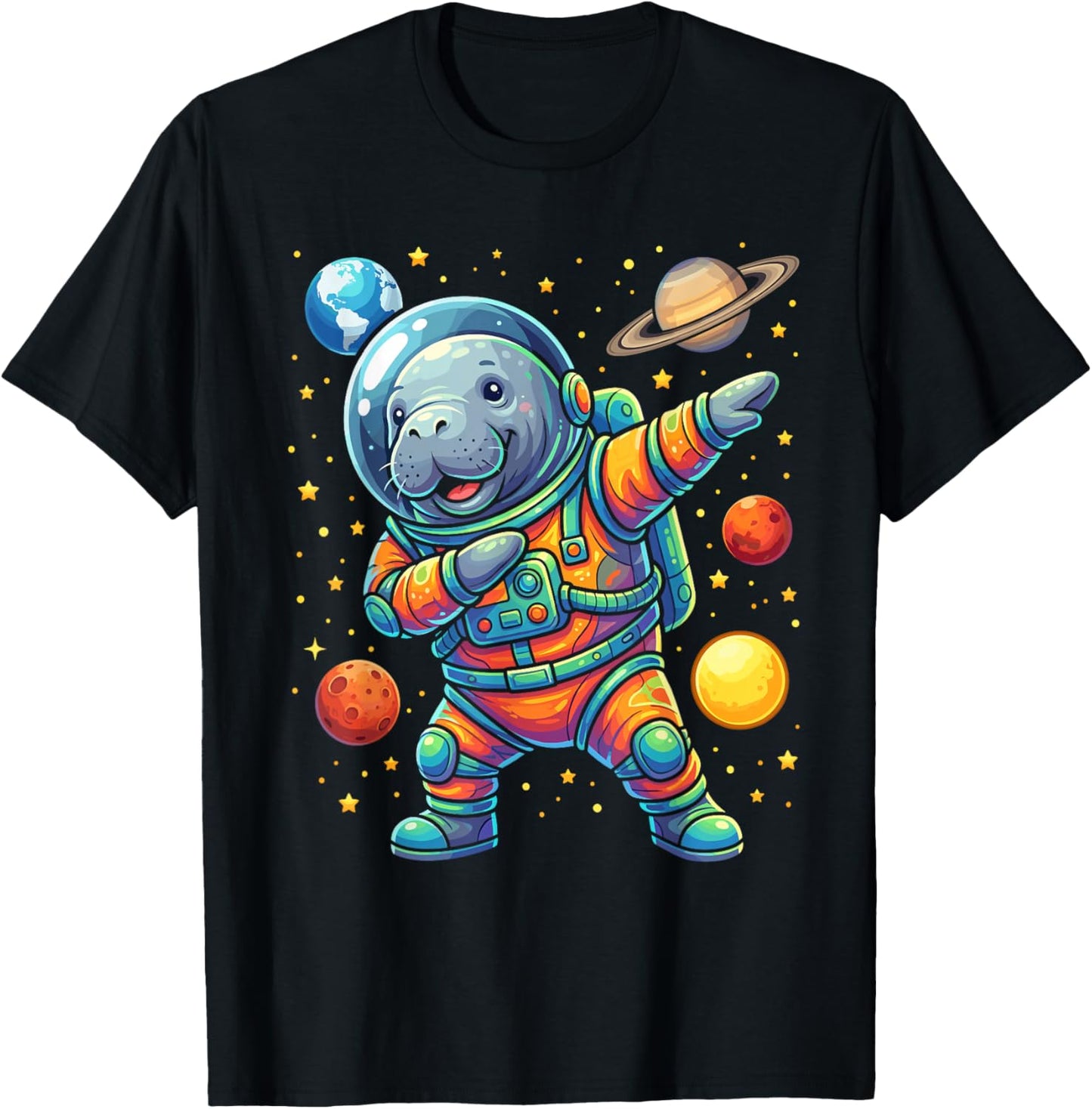 Manatee Astronaut Dabbing Funny Space Animal for Kids T-Shirt - T-Shirt | Black