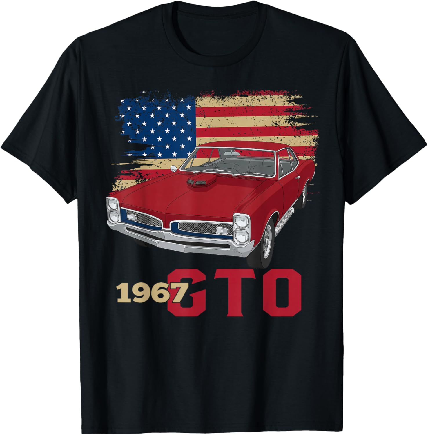 67 1967 GTO Silhouette Muscle Car American Flag T-Shirt - T-Shirt | Black
