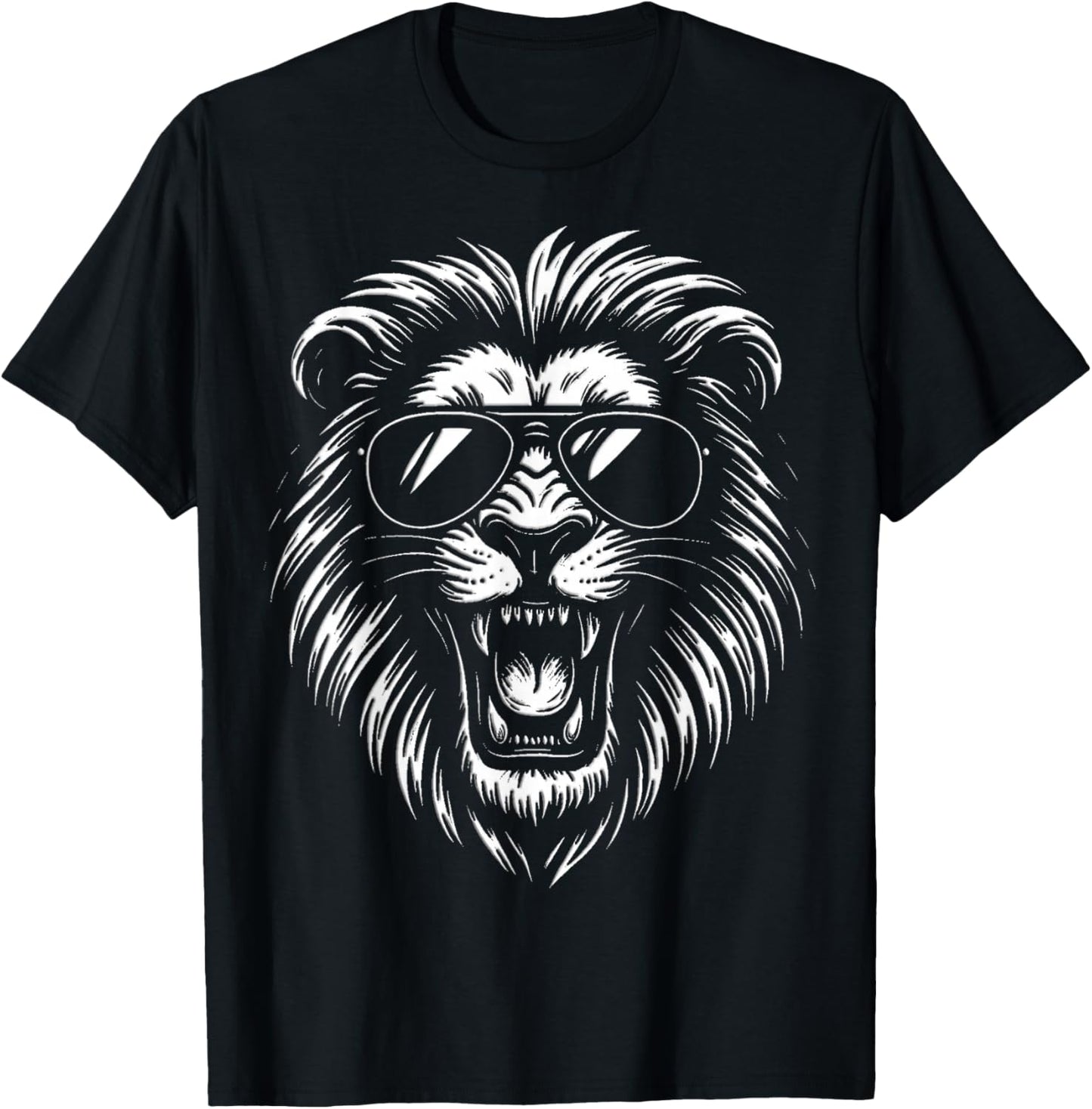 Roaring Lion with Sunglasses Bold Black and White Artwork T-Shirt - T-Shirt | Black