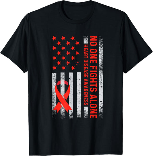 USA American Flag No Fighting Alone Heart Disease Awareness T-Shirt - T-Shirt | Black