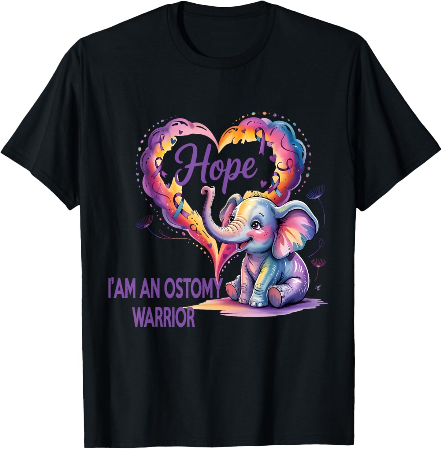 Ostomy Warrior Hope Elephant Awareness Ribbon Purple T-Shirt - T-Shirt | Black