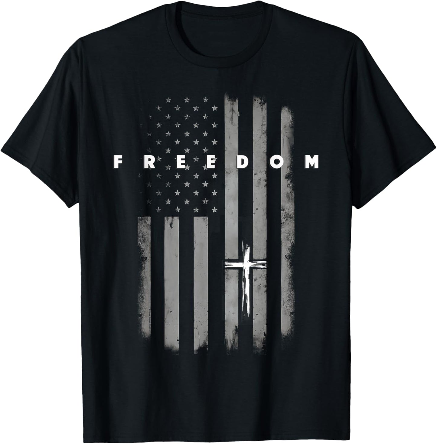 Grunge American Flag and Cross Faith Family Freedom T-Shirt - T-Shirt | Black