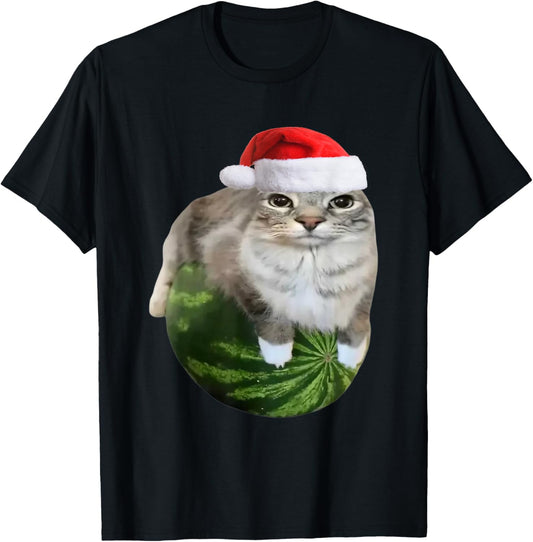 Watermelon Cat Christmas Santa Hat Funny Meme T-Shirt - T-Shirt | Black