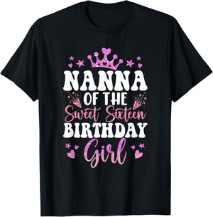 Nanna of The Sweet Sixteen Bday Girl 16th Pink Crown T-Shirt - T-Shirt | Black
