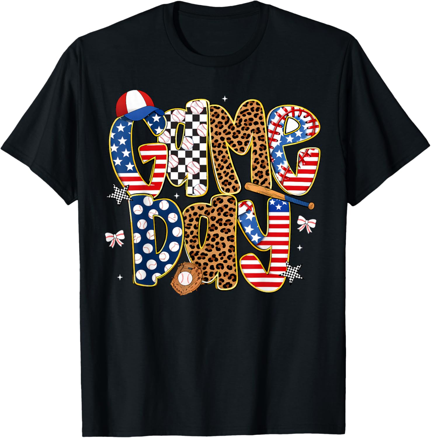 Checkered Leopard Game Day Baseball Men Women Kids T-Shirt - T-Shirt | Black