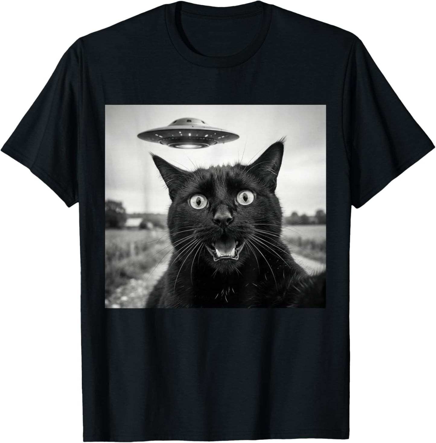 Funny Black Cat Selfie UFO Conspiracy Alien Abduction T-Shirt - T-Shirt | Black