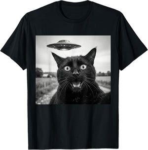 Funny Black Cat Selfie UFO Conspiracy Alien Abduction T-Shirt - T-Shirt | Black