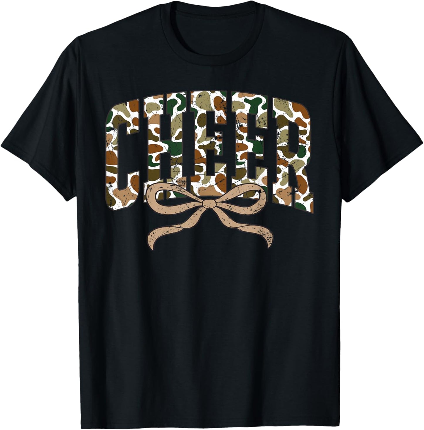 Retro Camo Cheer Coquette Bow Camouflage Sport Cheerleader T-Shirt - T-Shirt | Black