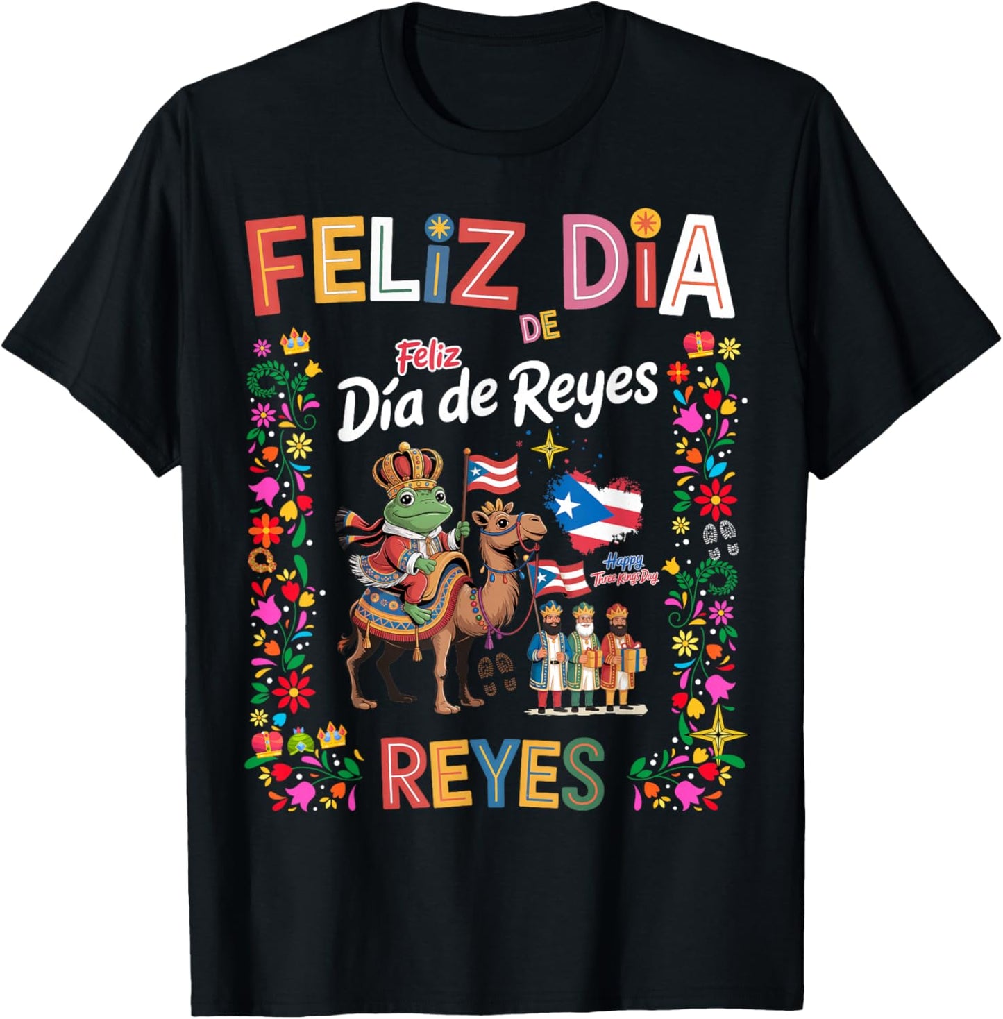 Three Kings Day Puerto Rican Women Idea & Coqui Frog Boricua T-Shirt - T-Shirt | Black