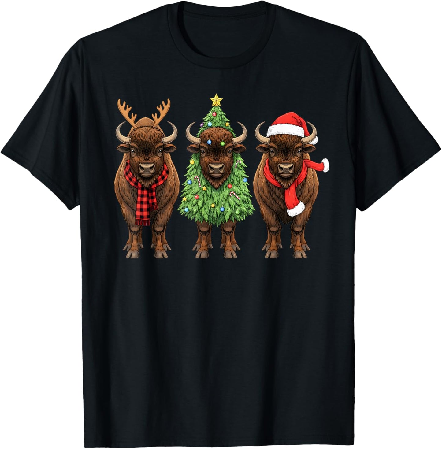 Retro Christmas American Bison Buffalo Santa Reindeer T-Shirt - T-Shirt | Black
