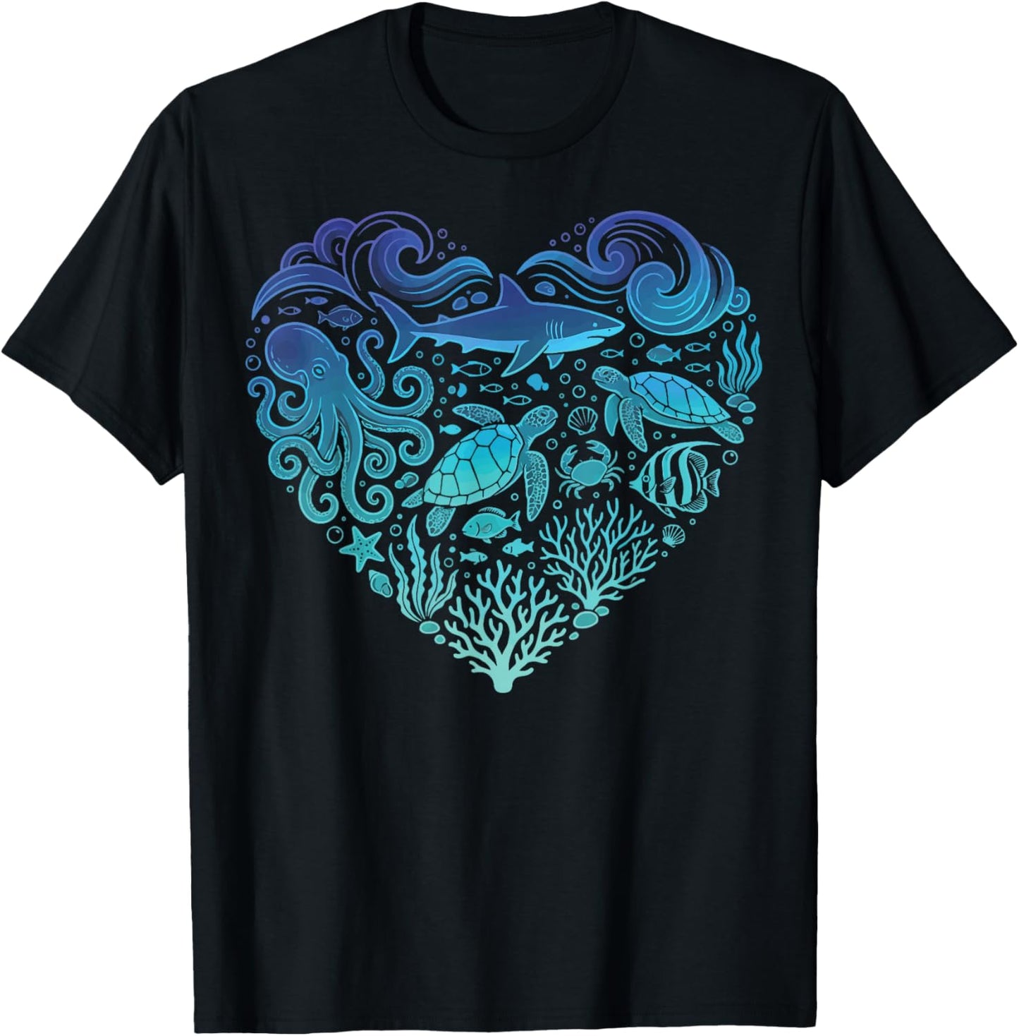 Underwater Sea Animals Heart Shark Fisher T-Shirt - T-Shirt | Black