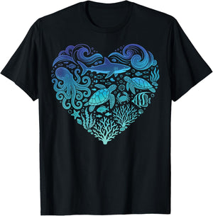 Underwater Sea Animals Heart Shark Fisher T-Shirt - T-Shirt | Black