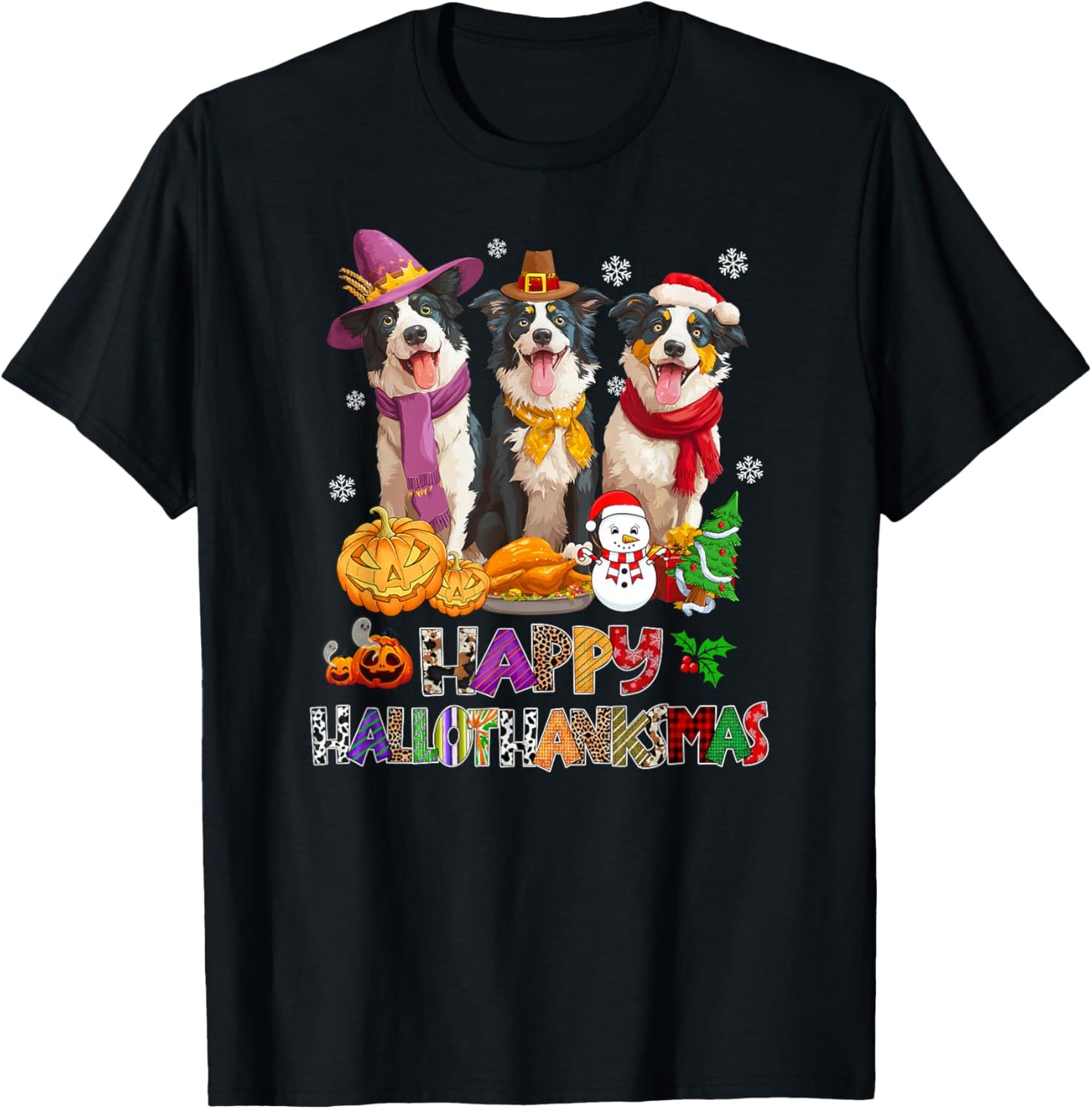 Hallothanksmas Border Collie Dog Halloween Christmas Pumpkin T-Shirt - T-Shirt | Black