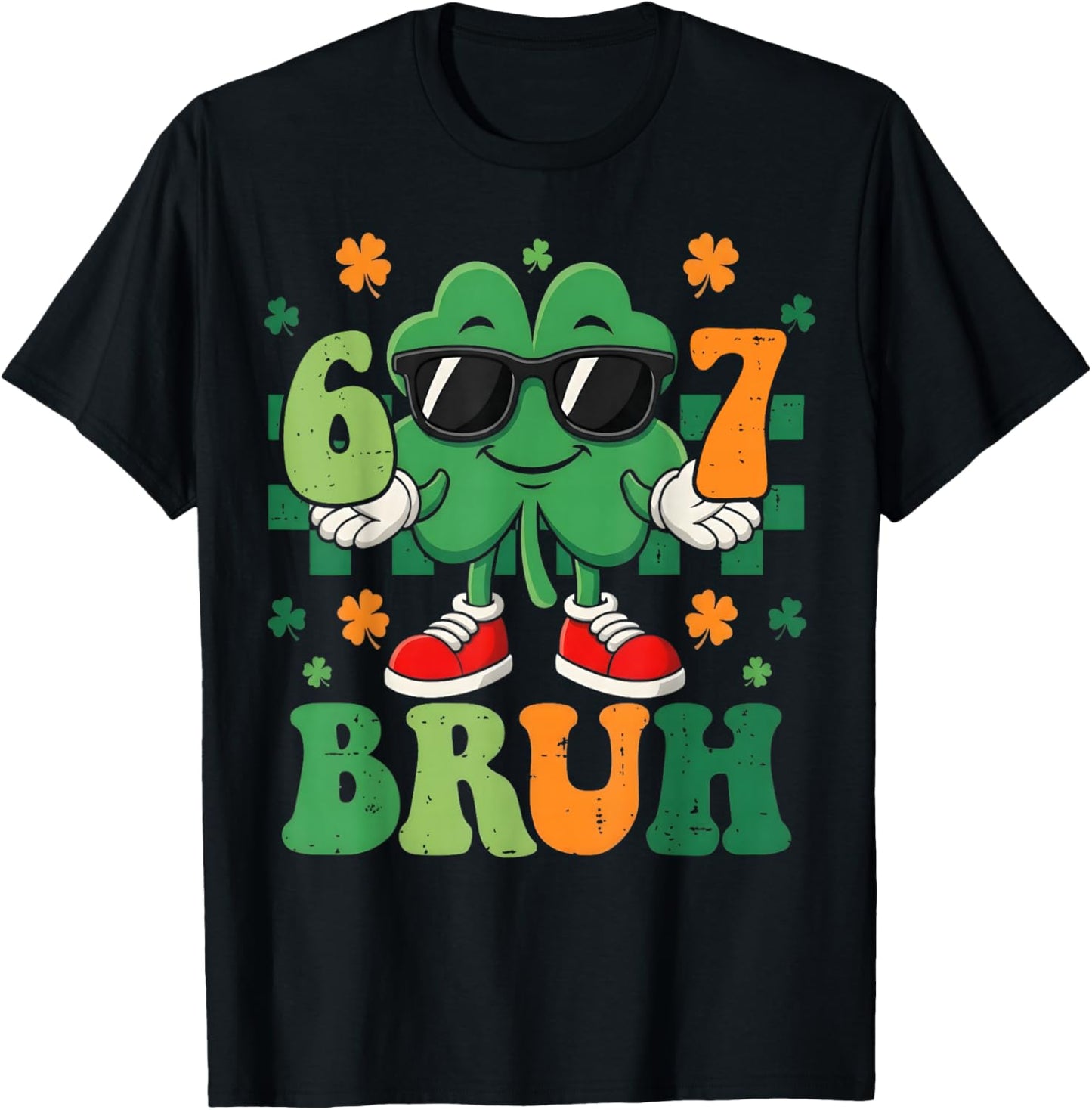 Six Seven Bruh Meme 67 St Patricks Day Shamrock Boys Girls T-Shirt - T-Shirt | Black