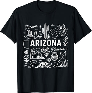 Arizona USA State Symbols Vintage Souvenir Cute Doodle T-Shirt - T-Shirt | Black
