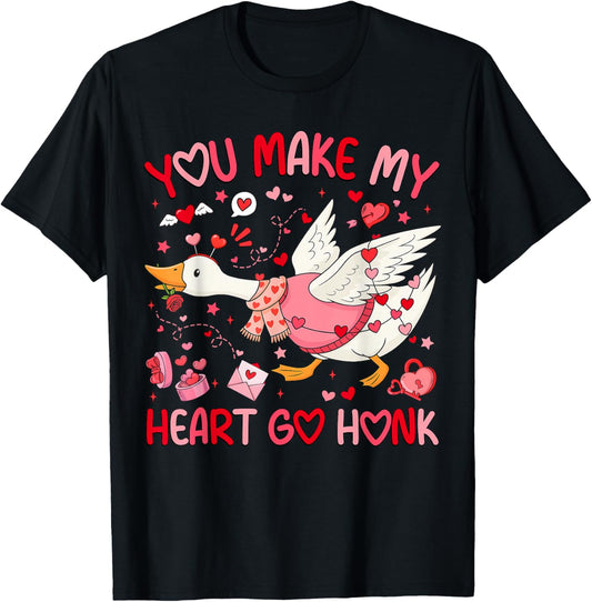 You Make My Heart Go Honk Valentine Goose Heart Silly Goose T-Shirt - T-Shirt | Black
