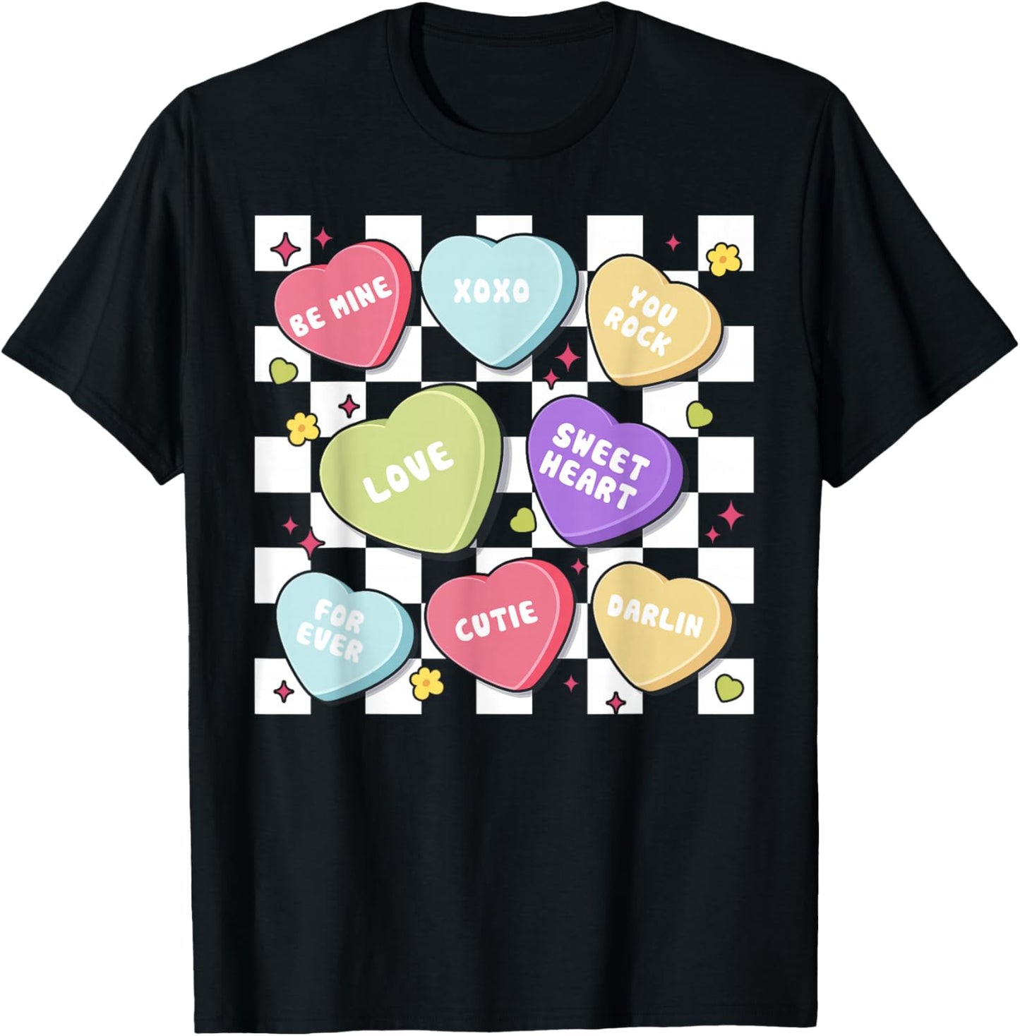 Valentines Day Hearts Candy Be Mine Valentine Checkered T-Shirt - T-Shirt | Black